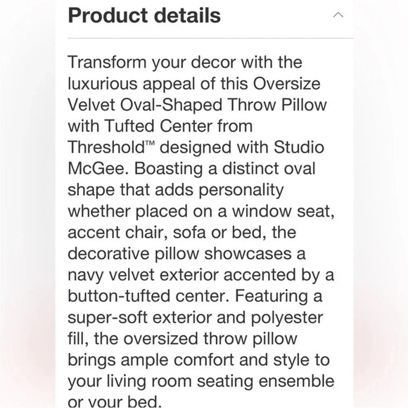 STUDIO MCGEE NWT velvet oval shaped throw pillow w/ tufted center -navy - Picture 5 of 6